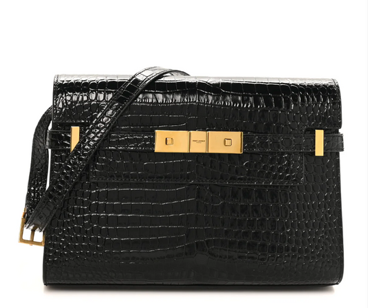 Saint Laurent Shiny Calfskin Crocodile Embossed Small Manhattan Baguette Black