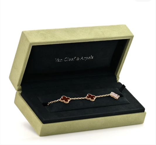 Van Cleef & Arpels 18K Red Gold Carnelian 5 Motifs Vintage Alhambra Bracelet