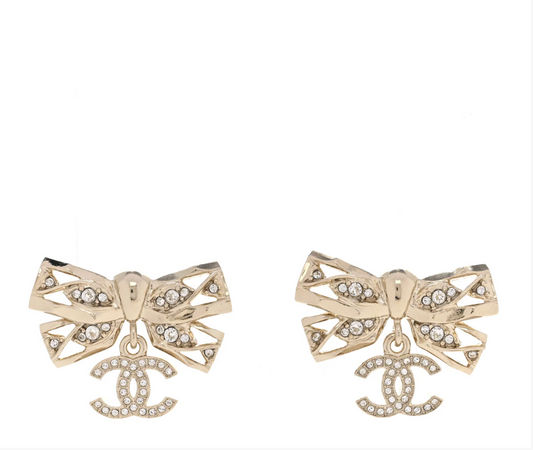 Chanel Crystal CC Bow Drop Earrings Gold