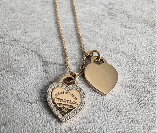 Tiffany & Co. Double Heart Tag Diamond Necklace K18 750 Boxed w/ Storage bag
