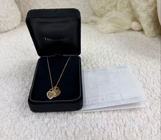 Tiffany & Co. Double Heart Tag Diamond Necklace K18 750 Boxed w/ Storage bag