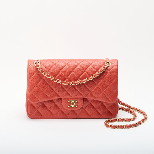 Chanel Classic Flap Bag Jumbo Coral Red Gold Hardware