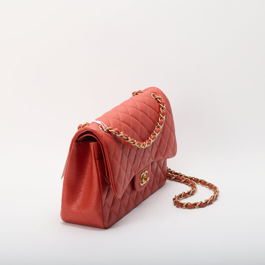 Chanel Classic Flap Bag Jumbo Coral Red Gold Hardware