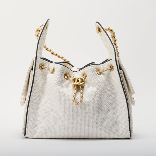 Chanel 25 Handbag White Black Braided Raffia Calfskin Quilted Small Bag