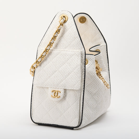 Chanel 25 Handbag White Black Braided Raffia Calfskin Quilted Small Bag