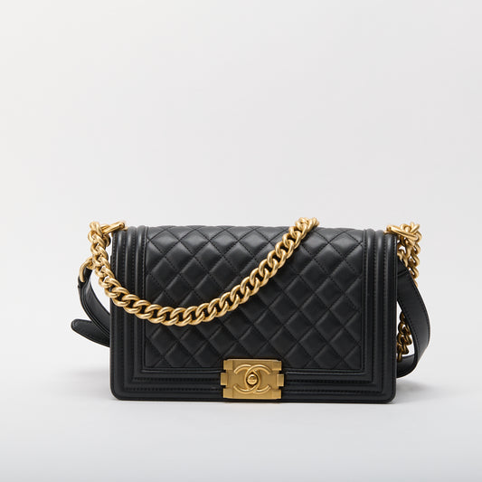 Chanel Leboy Medium Black Flap Caviar Leather Gold Chain Shoulder Bag