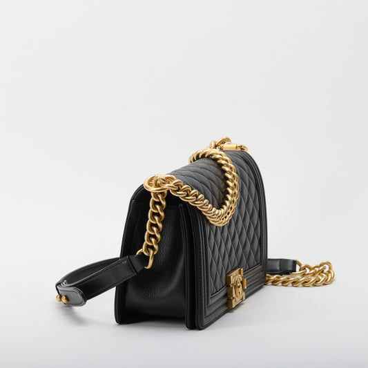 Chanel Leboy Medium Black Flap Caviar Leather Gold Chain Shoulder Bag