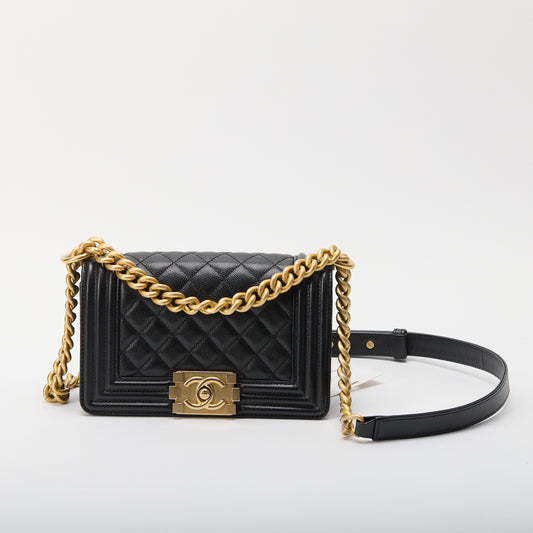 Chanel Leboy Small Black Flap Caviar Leather Gold Chain Shoulder Bag