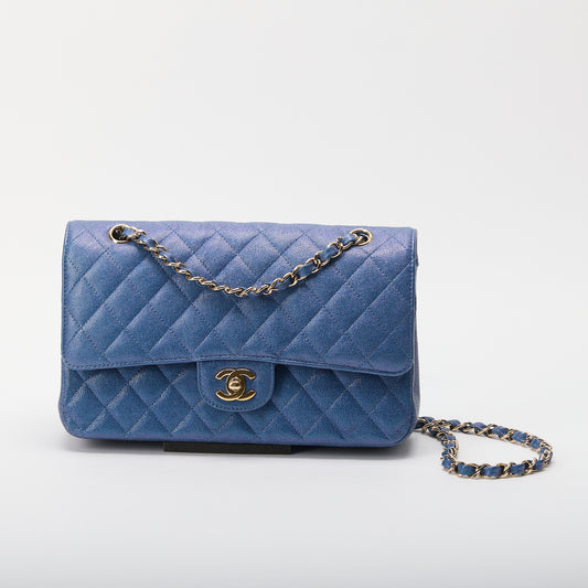 Chanel Blue Iridescent Quilted Caviar Small Classic Double Flap Light Gold Hardware