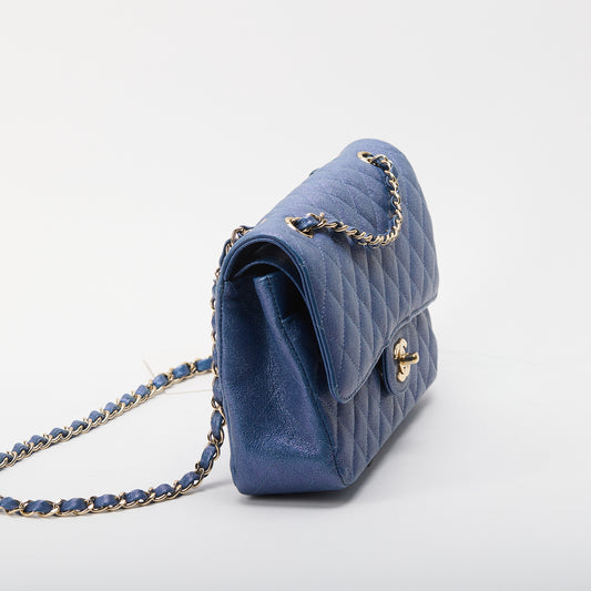 Chanel Blue Iridescent Quilted Caviar Small Classic Double Flap Light Gold Hardware