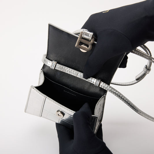 Balenciaga Hourglass Mini Chain Wallet Metallic Silver Croc Embossed Leather