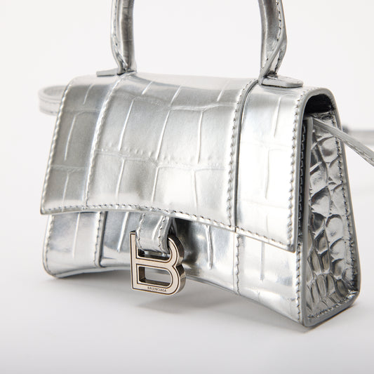 Balenciaga Hourglass Mini Chain Wallet Metallic Silver Croc Embossed Leather