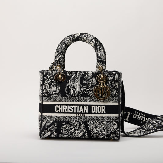 Dior Lady D-Lite Medium Toile de Jouy Reverse Top Handle Bag w/ Detachable Strap