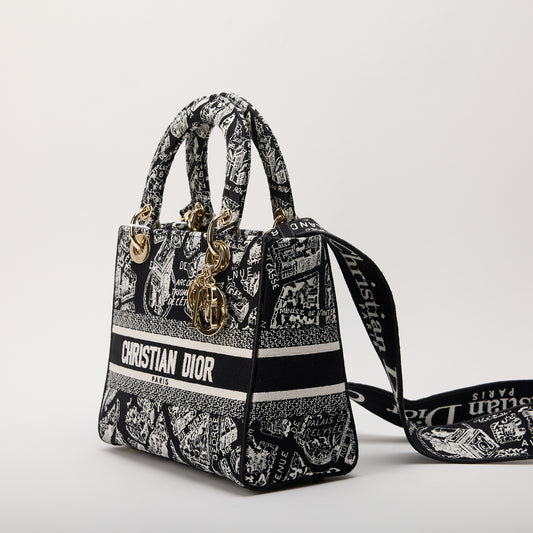 Dior Lady D-Lite Medium Toile de Jouy Reverse Top Handle Bag w/ Detachable Strap
