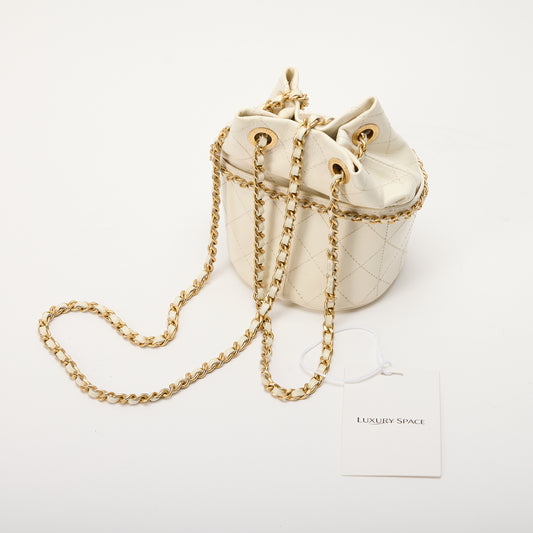 Chanel CC Drawstring Bucket Bag Quilted Caviar Small White Vintage Detail Chain