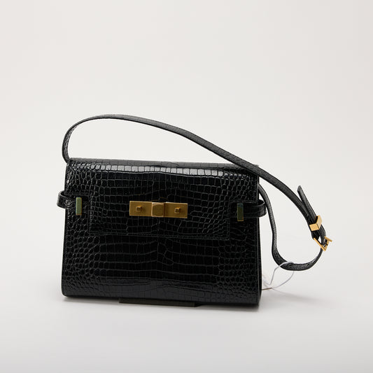 YSL Shiny Calfskin Crocodile Embossed Manhattan Baguette Black