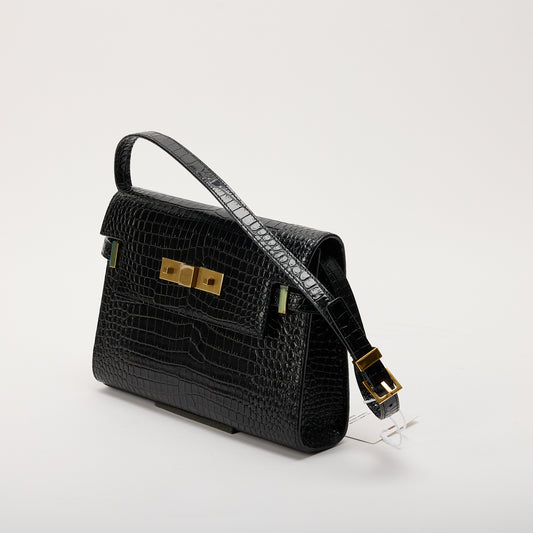 YSL Shiny Calfskin Crocodile Embossed Manhattan Baguette Black