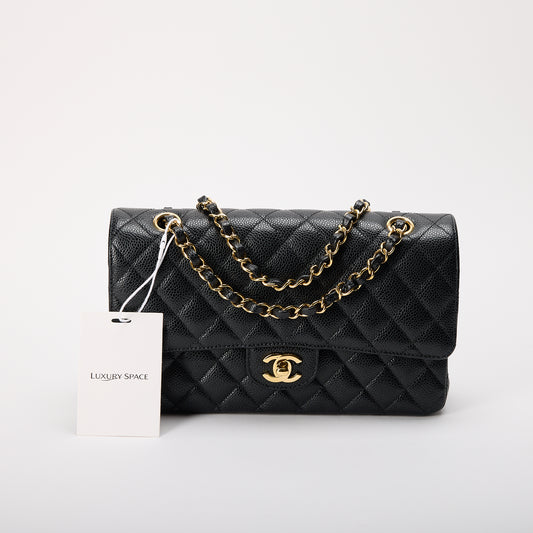 Chanel Classic Medium Double Flap Bag Black Caviar Leather Gold Hardware
