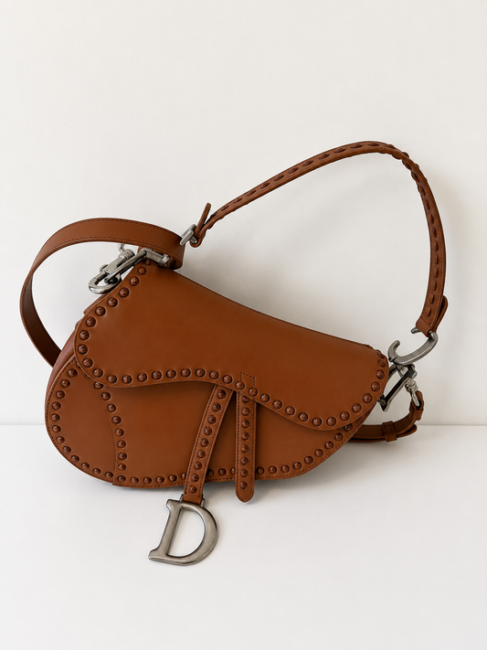 Christian Dior Saddle Handbag with Strap Studded Leather