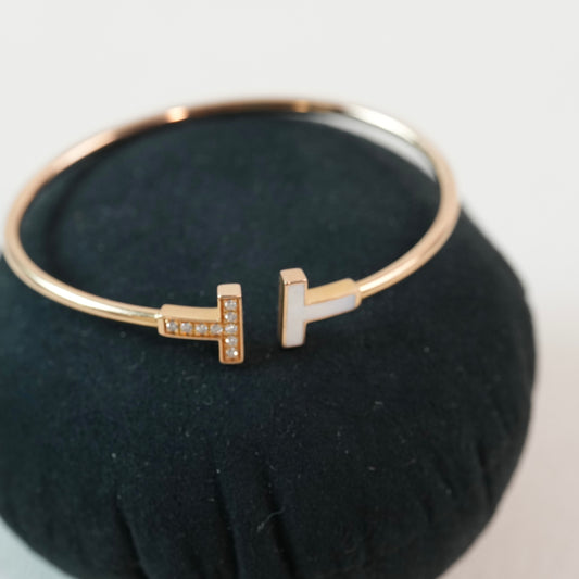 18K Rose Gold Diamond Mother of Pearl T Wire Bracelet