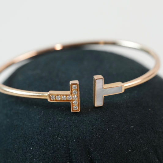18K Rose Gold Diamond Mother of Pearl T Wire Bracelet