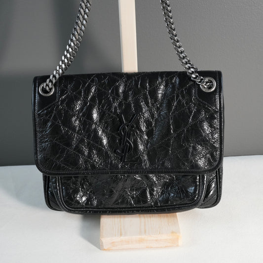 YSL Niki Medium Flap Shoulder Bag in Crinkled Leather