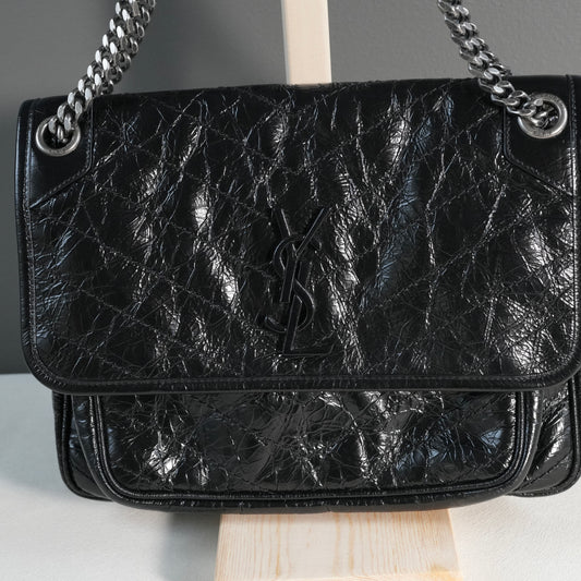 YSL Niki Medium Flap Shoulder Bag in Crinkled Leather