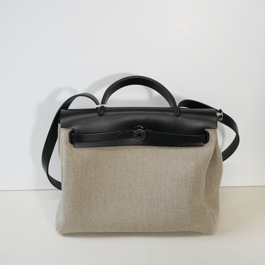 Hermès Herbag 31 Toile / Vache Hunter Écru / Black