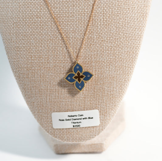 Roberto Coin Venetian Princess Rose Gold Small Diamond Flower Necklace with Blue Titanium