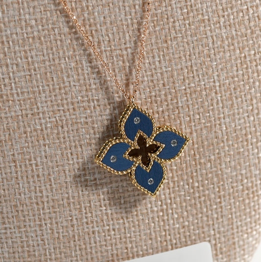 Roberto Coin Venetian Princess Rose Gold Small Diamond Flower Necklace with Blue Titanium