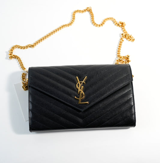 YSL Cassandre Envelope Chain Wallet In Grain De Poudre Leather Bag