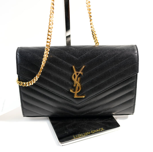 YSL Cassandre Envelope Chain Wallet In Grain De Poudre Leather Bag