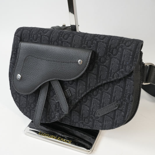 Christian Dior Black Dior Oblique Jacquard SADDLE BAG Mens 100% AUTHENTIC
