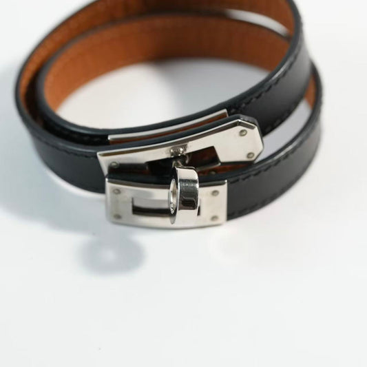 Hermes Black Mini Kelly Double Leather & Silver Hardware BraceletFull Set
