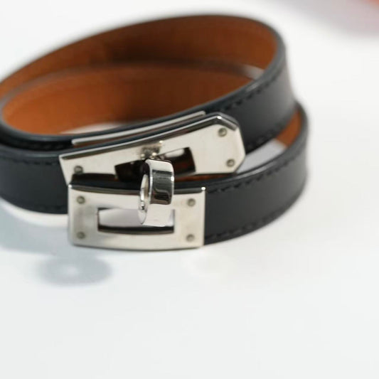 Hermes Black Mini Kelly Double Leather & Silver Hardware BraceletFull Set