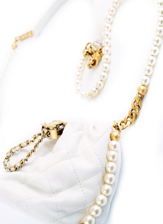Chanel White Quilted Leather Mini "About Pearls" Drawstring Bucket Bag