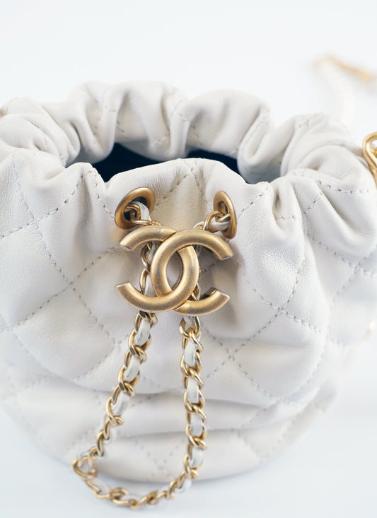 Chanel White Quilted Leather Mini "About Pearls" Drawstring Bucket Bag