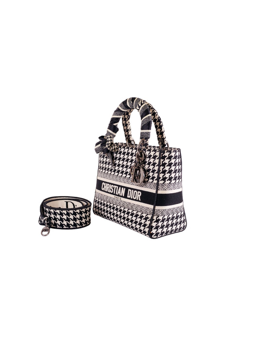 Christian Dior Canvas Houndstooth Embroidered Medium Lady D-Lite Black White
