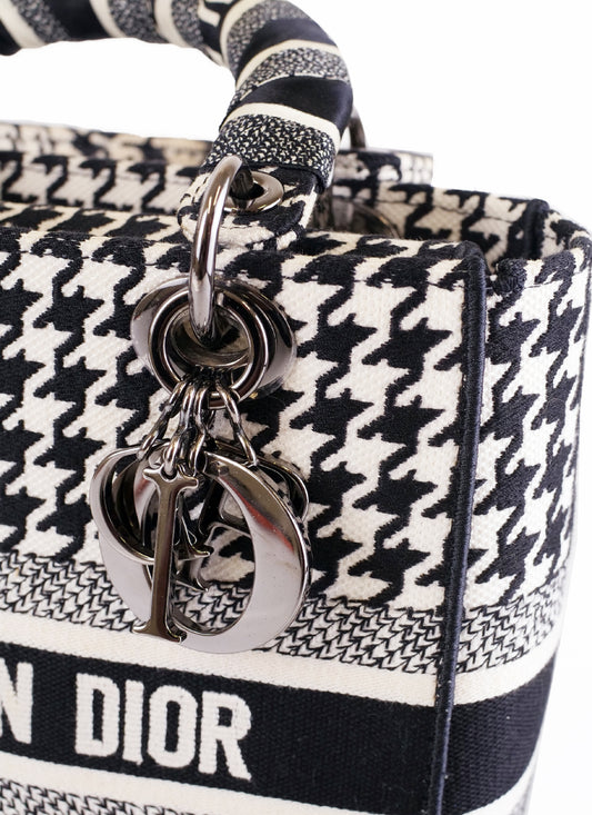 Christian Dior Canvas Houndstooth Embroidered Medium Lady D-Lite Black White